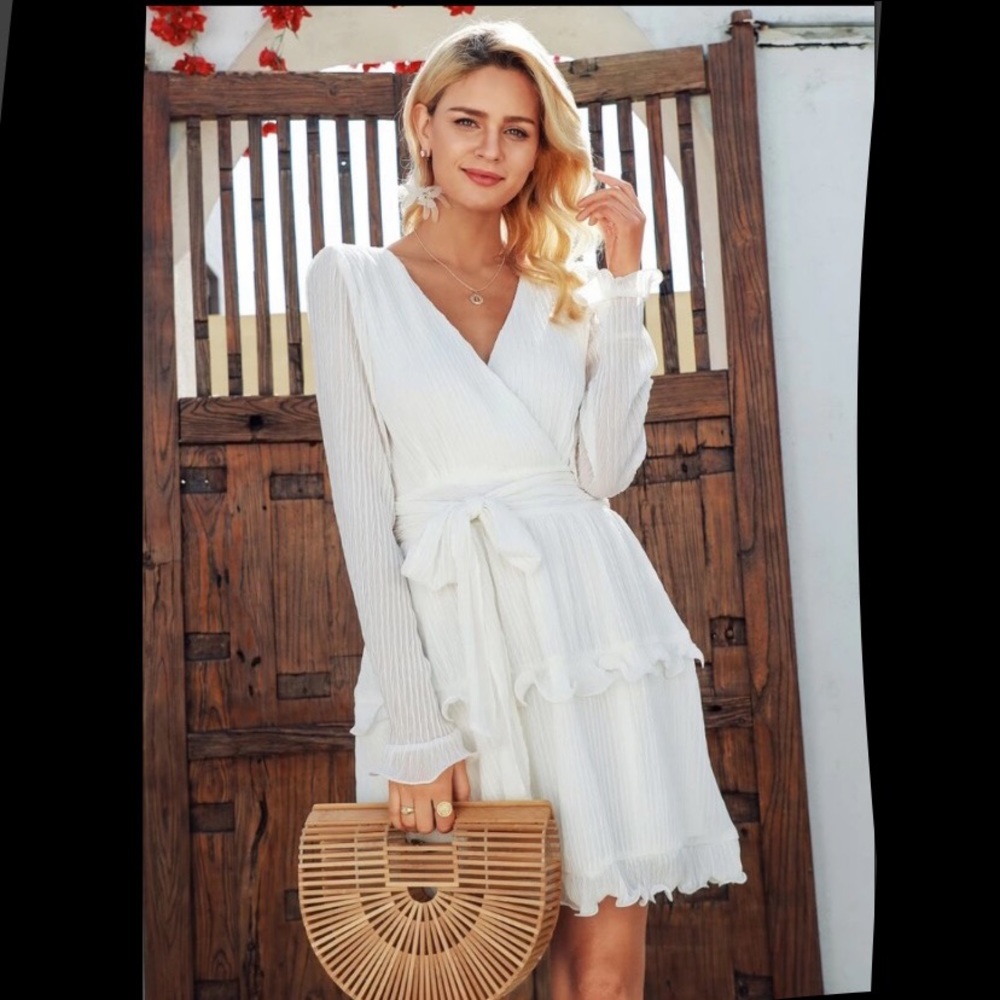 White Ruffle Long Sleeved Belted Dress